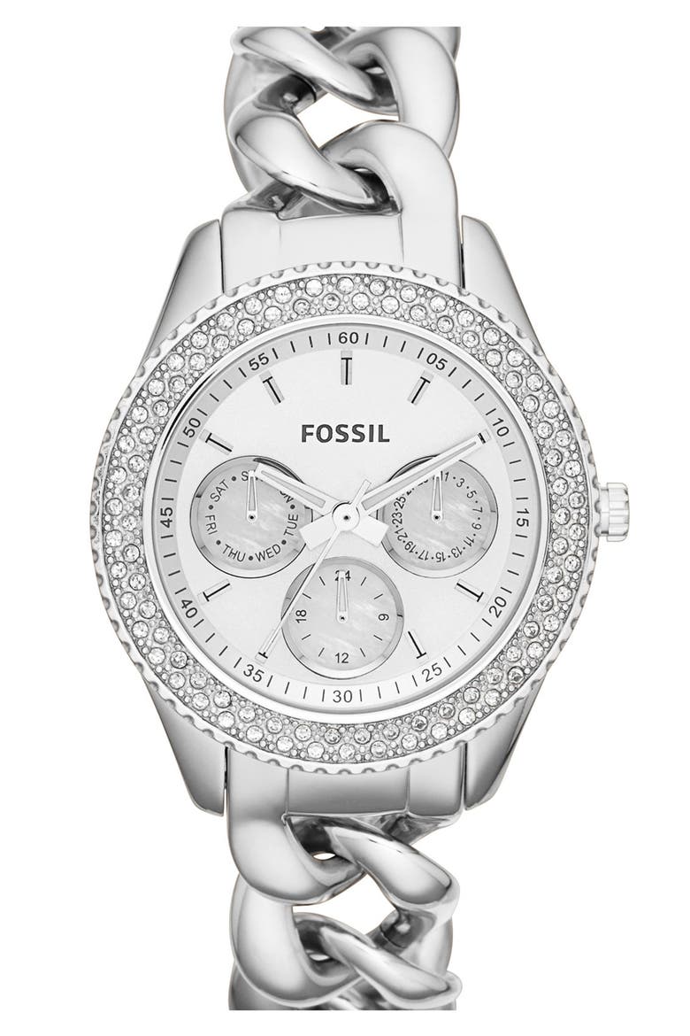 'Stella' Crystal Bezel Multifunction Chain Bracelet Watch, 37mm, Main, color, SILVER