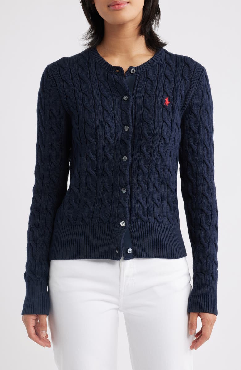Polo Ralph Lauren Cable Knit Cotton Cardigan, Main, color, Hunter Navy