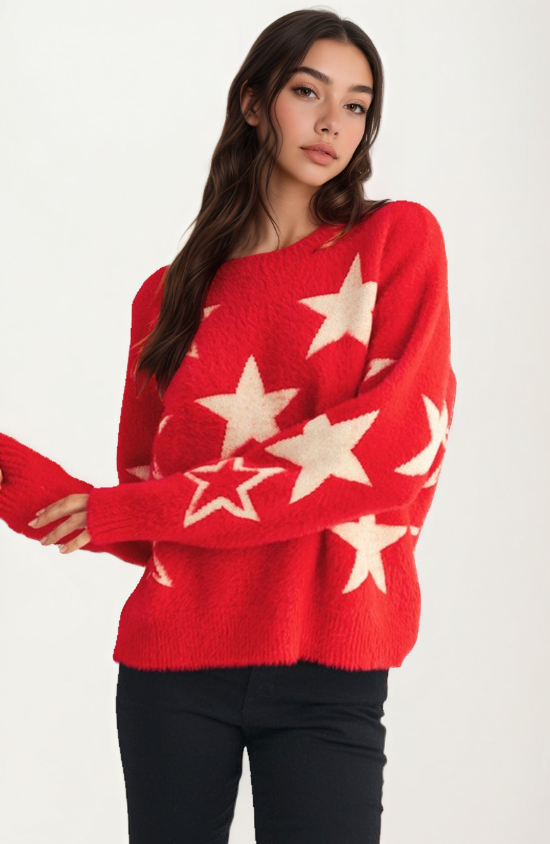 Knit and Lounge Cozy Star Pattern Soft Knit Sweater, Alternate, color, Red / White Stars