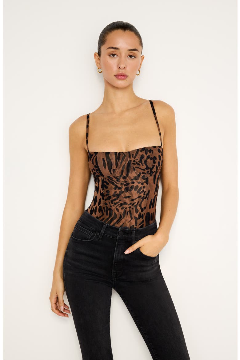 Corset Demi Mesh Bodysuit, Alternate, color, WARPED LEOPARD004