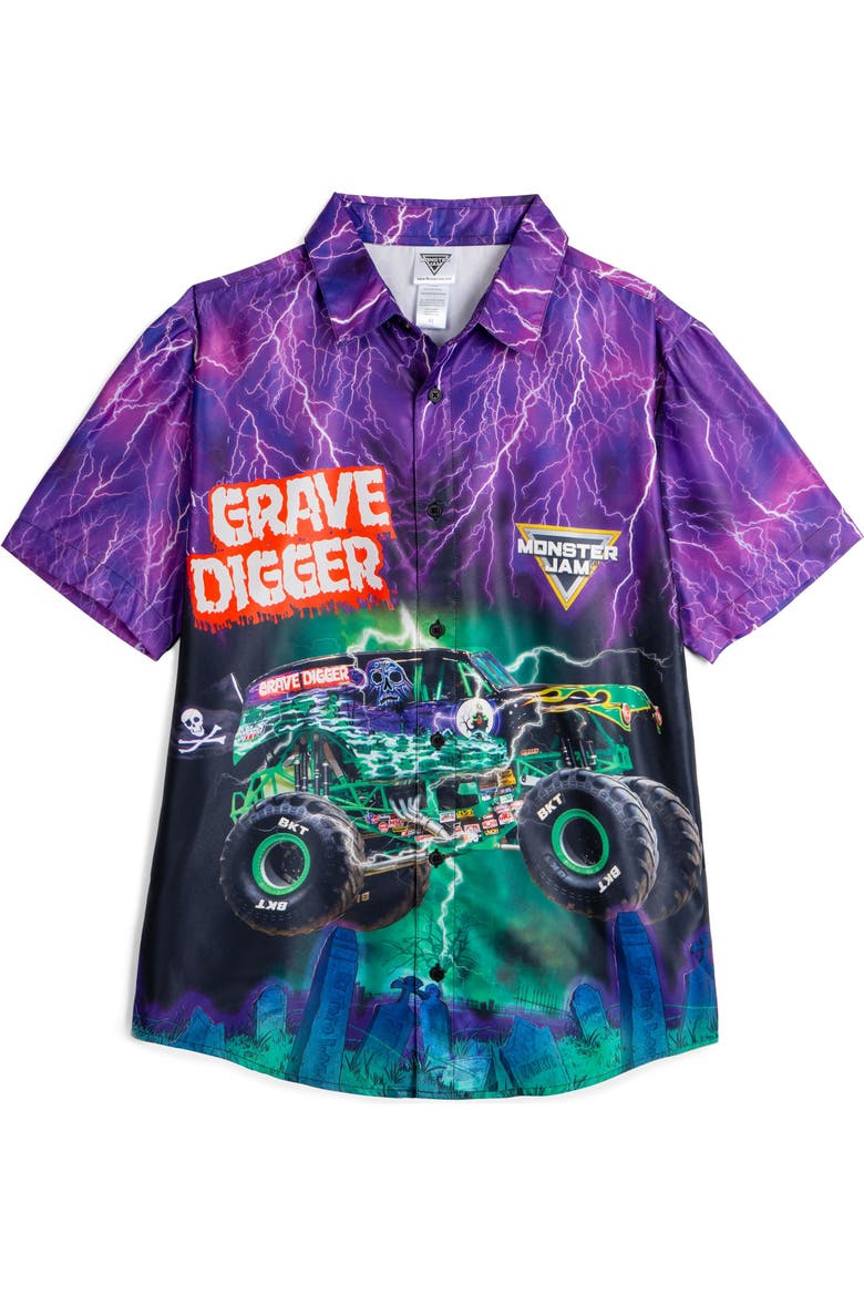 Grave Digger Short Sleeve Button Down Shirt, Main, color, Grave Digger Green