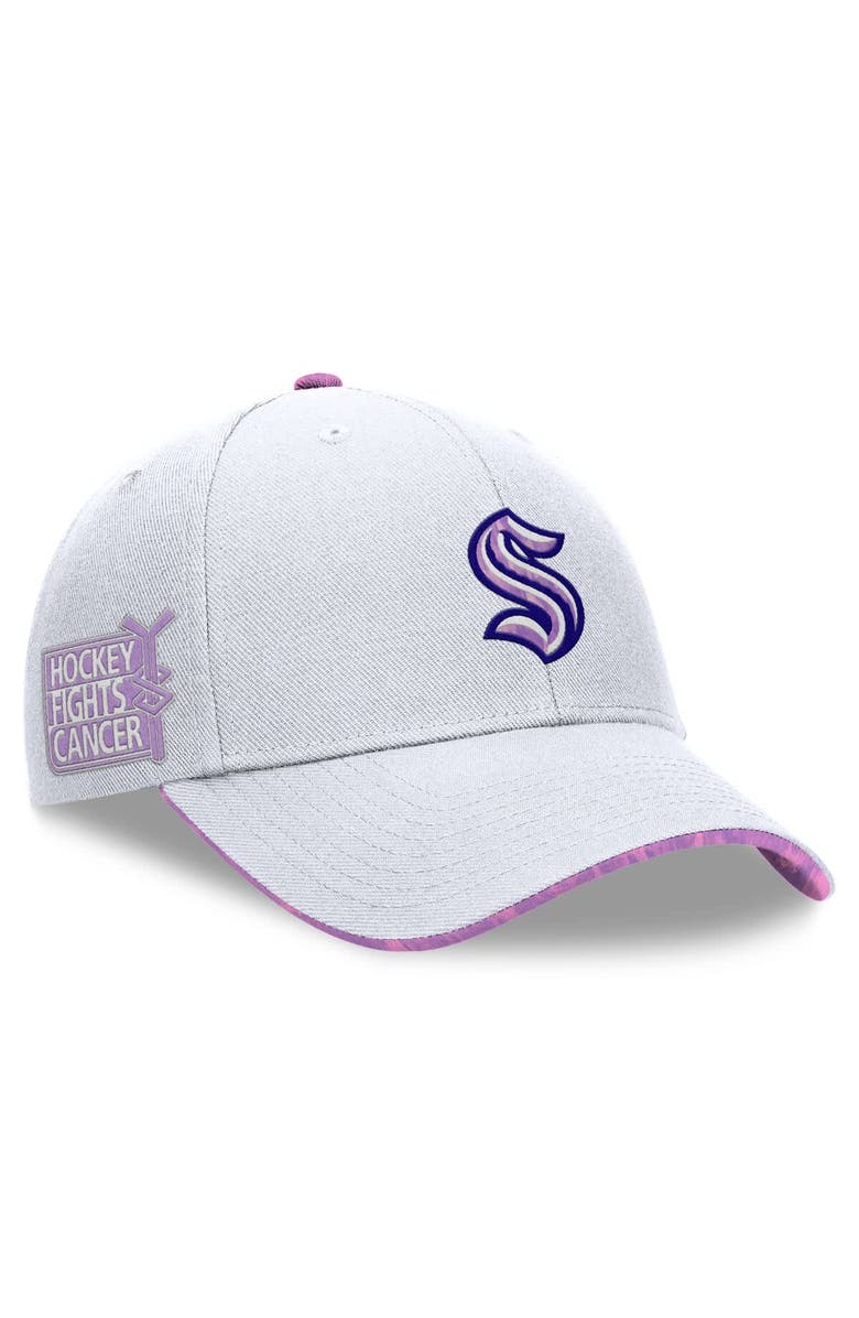 FANATICS Men's Fanatics White Seattle Kraken Authentic Pro Hockey Fights Cancer Adjustable Hat, Main, color, White