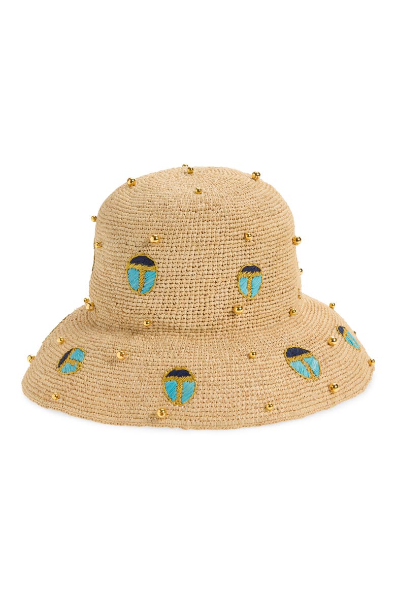 Scarab Embellished Raffia Hat, Main, color, TURQUOISE LAPIS
