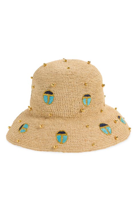 Scarab Embellished Raffia Hat