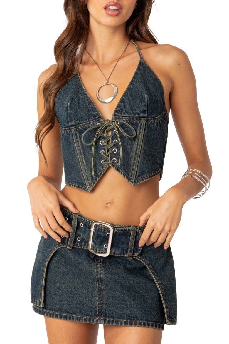 Elara Lace-Up Denim Corset Halter Top, Main, color, BLUE