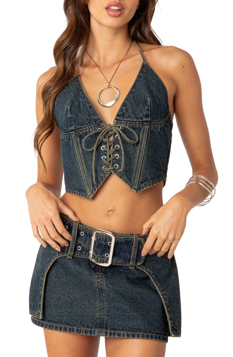 EDIKTED Elara Lace-Up Denim Corset Halter Top, Main, color, Blue