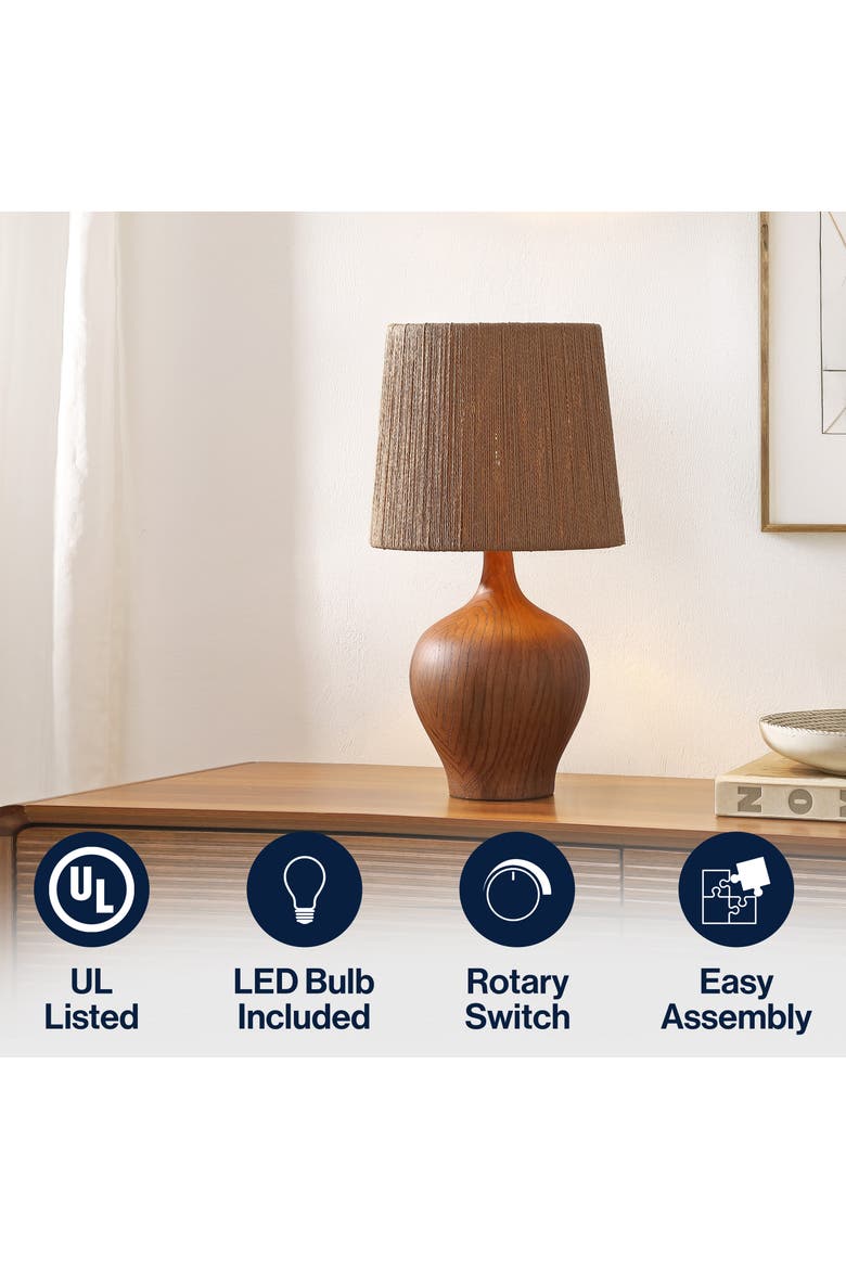 Eben Farmhouse Resin/Metal Gourd LED Table Lamp with Paper Rope Shade, Alternate, color, Brown Wood Finish
