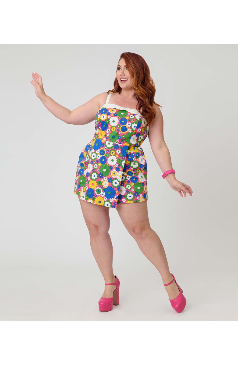 Unique Vintage Plus Size Skirted Dolly Romper, Main, color, Blue Floral Print