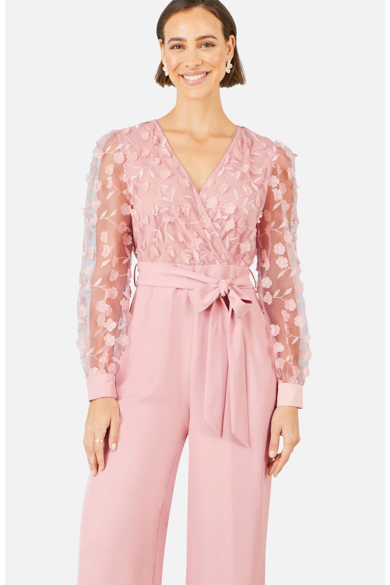 Sash Waist Floral Applique Wrap Jumpsuit, Alternate, color, Pink