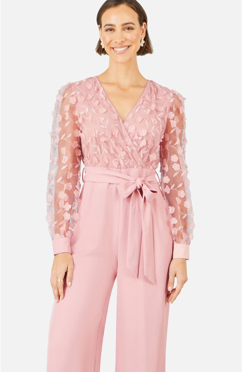 Yumi Sash Waist Floral Applique Wrap Jumpsuit, Alternate, color, Pink