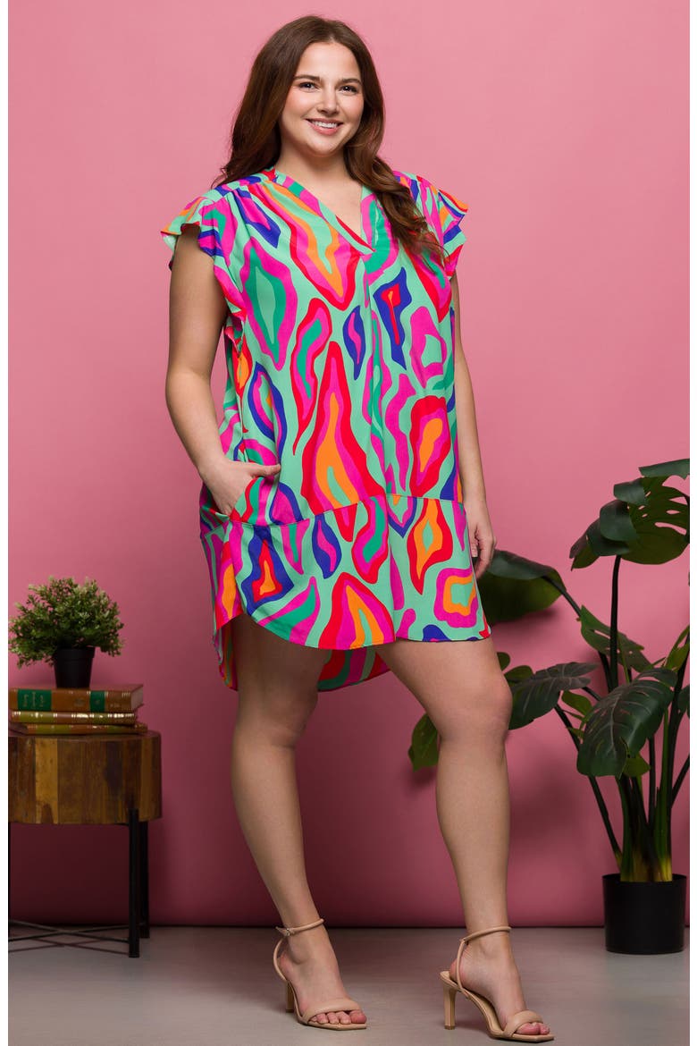 Printed Flutter Cap Sleeve Shift Dress, Alternate, color, GREEN MULTI