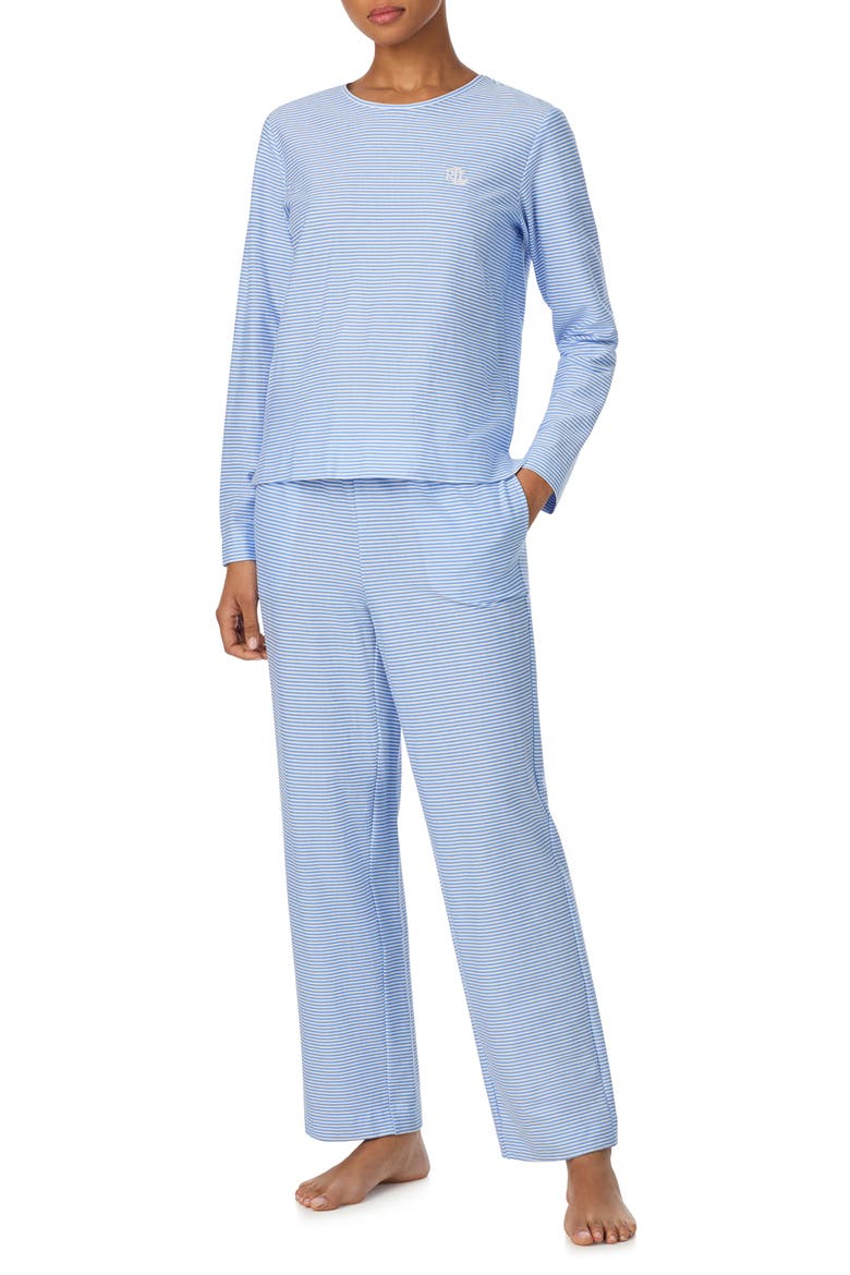 Print Cotton Ankle Length Pajamas, Alternate, color, BLUE STRIPE