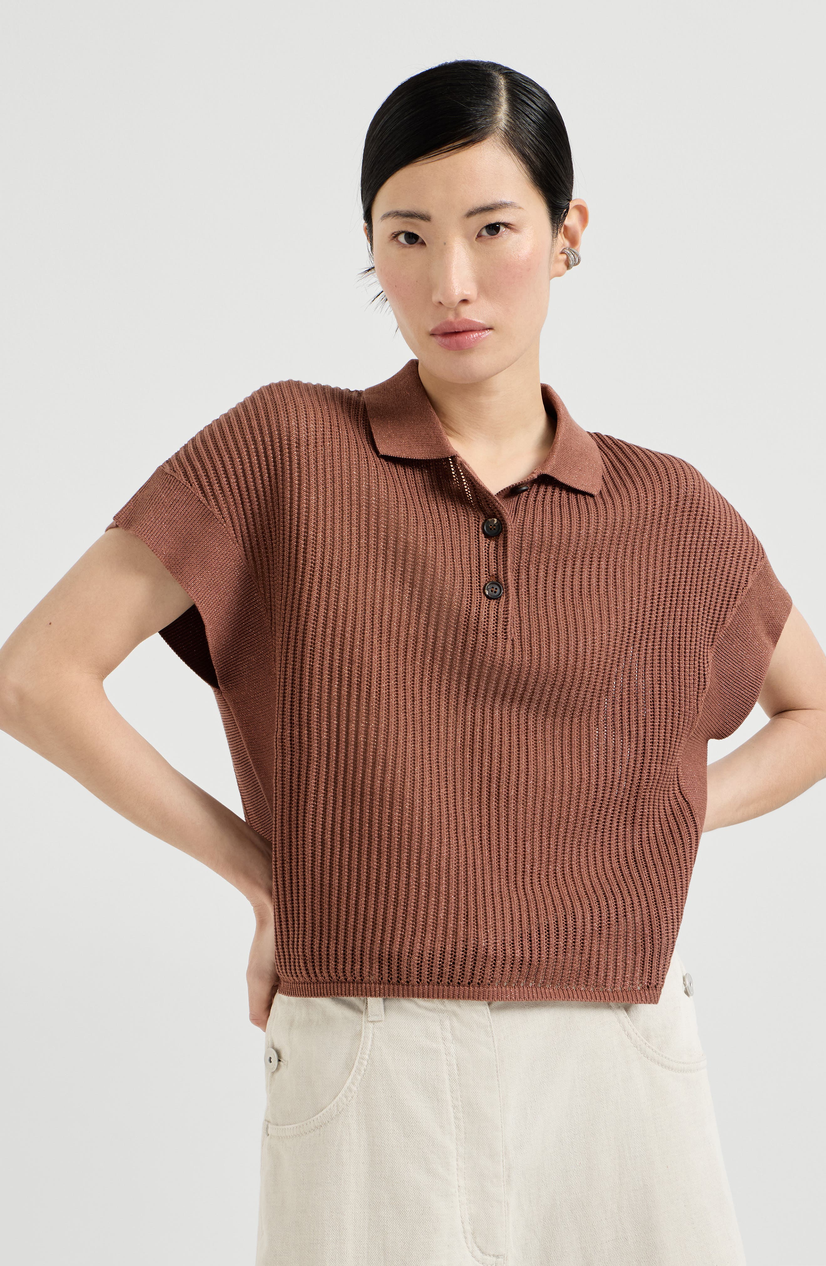Ribbed net polo shirt - image 3