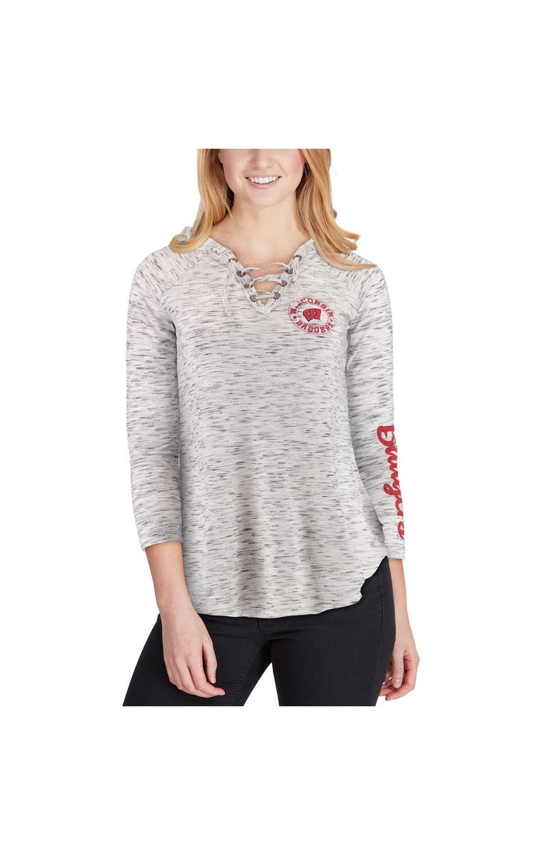 PRESSBOX Women's Pressbox Gray Wisconsin Badgers Space Dye Lace-Up V-Neck Long Sleeve T-Shirt, Alternate, color, 