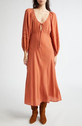 Shop Mille Suki Polka Dot Long Sleeve Cotton Blend Dress In Terracotta Dot