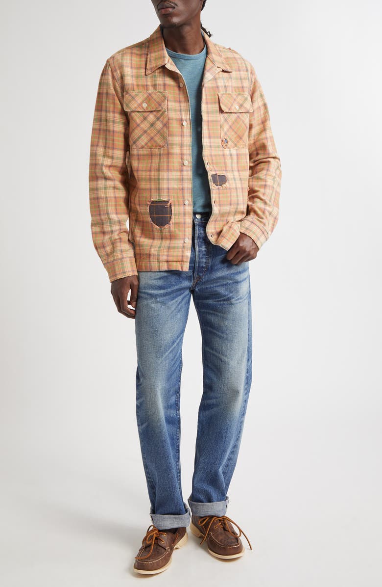 Double RL Plaid Rip & Repair Cotton Twill Button-Up Overshirt, Alternate, color, Rl-719 Orange Multi