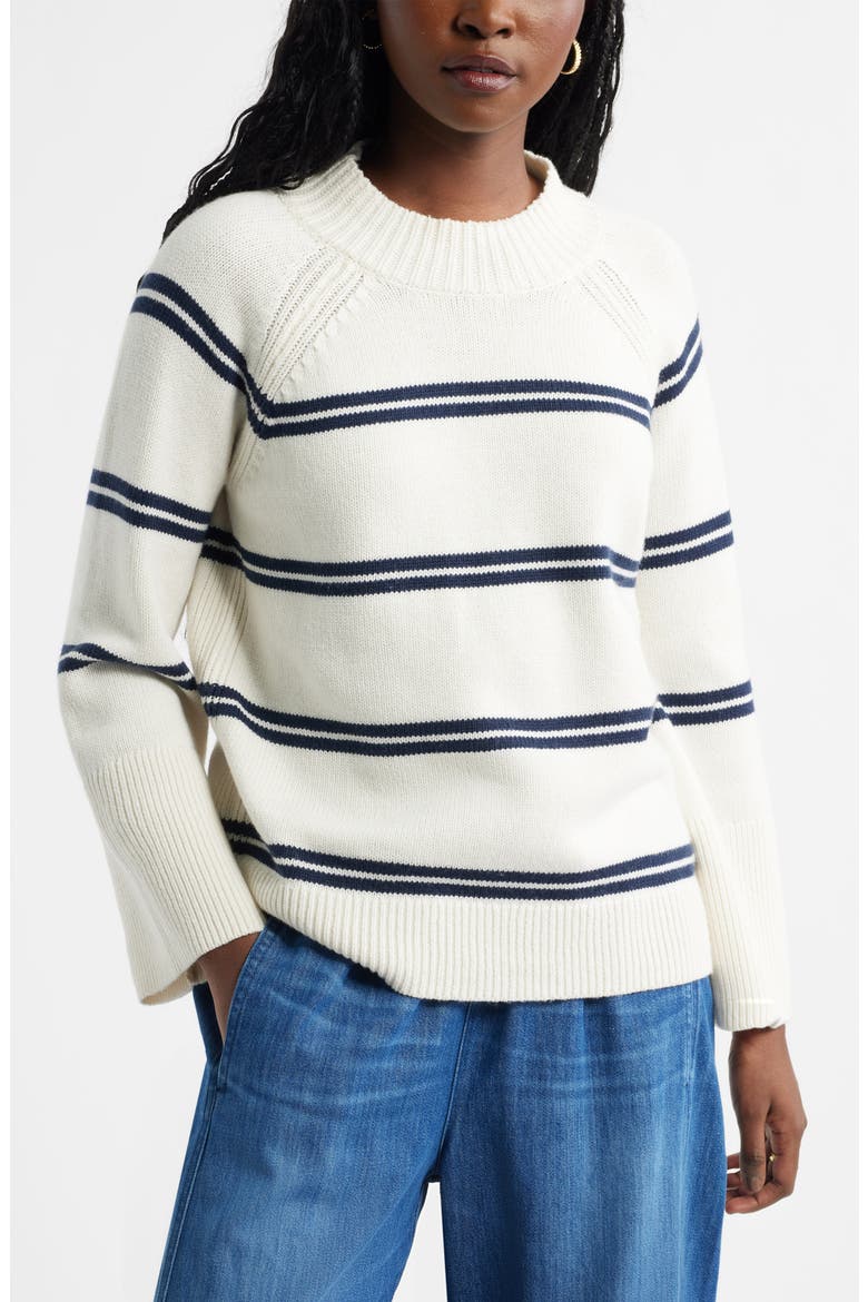 Bell Sleeve Mock Neck Merino Wool & Cotton Sweater, Main, color, IVORY- NAVY DUO STRIPE