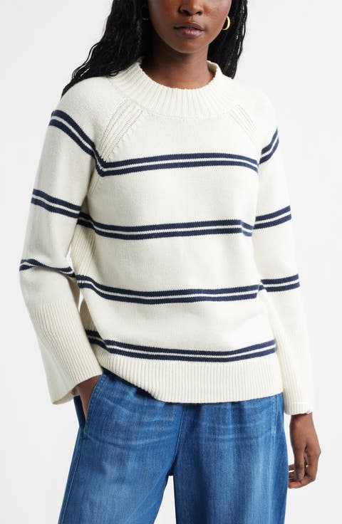 Bell Sleeve Mock Neck Merino Wool & Cotton Sweater