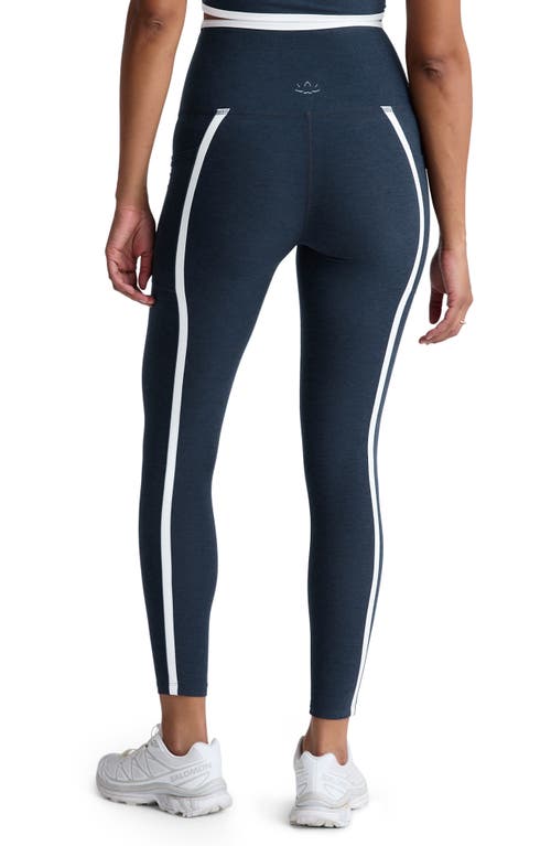 Shop Beyond Yoga Out Of Pocket Side Stripe High Waist Pocket Leggings In Nocturnal Navy/cloud White