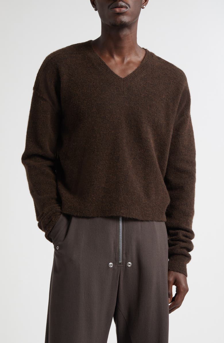 Rick Owens Tommy Alpaca & Wool Blend V-Neck Sweater, Main, color, Brown