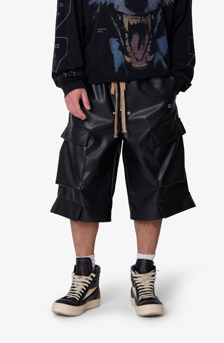 mnml Faux Leather Rave Cargo Shorts, Alternate, color, Black