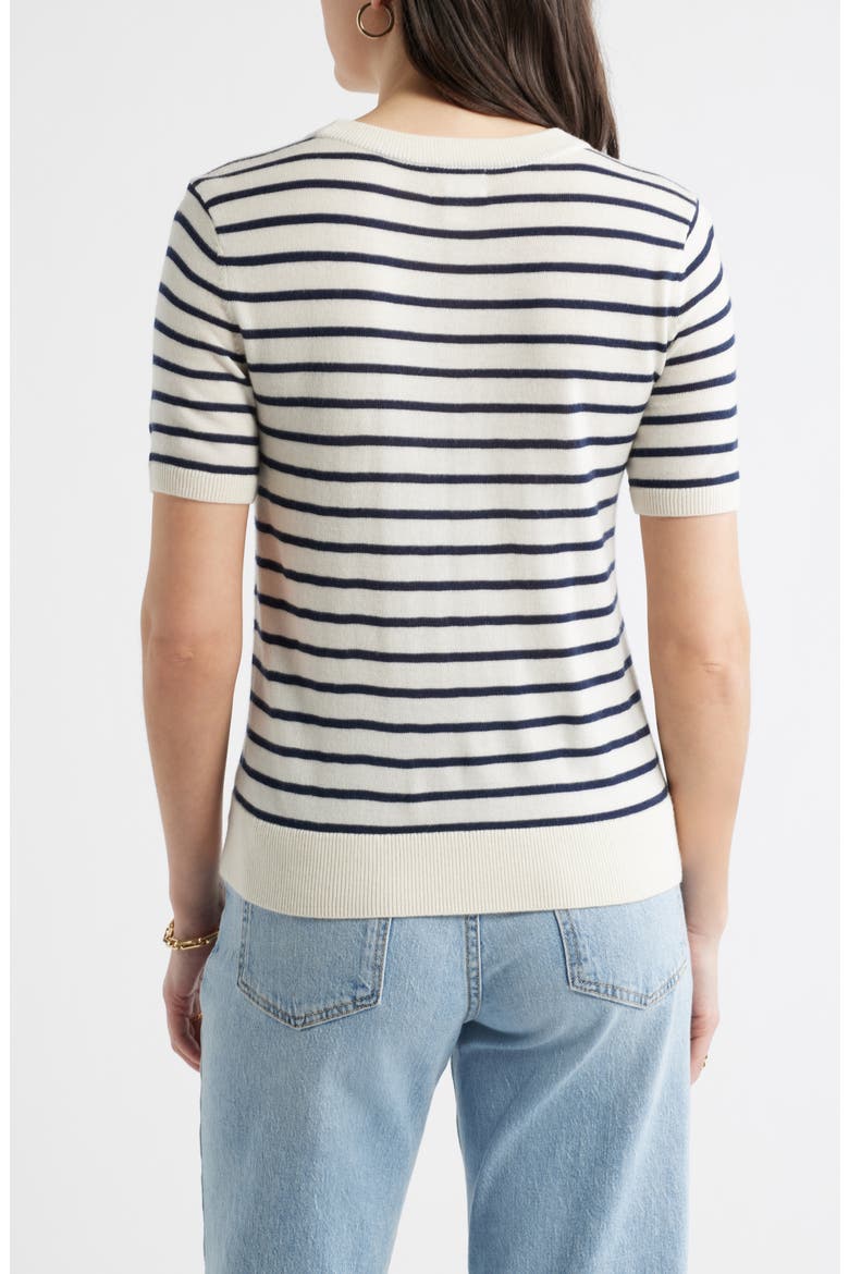 Short Sleeve Merino Wool Blend Sweater Top, Alternate, color, IVORY- NAVY JOSEPHINE STRIPE