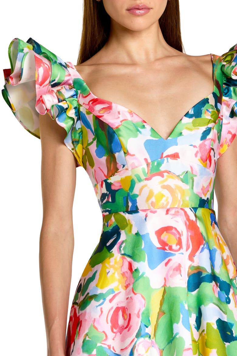 Printed Mikado Ruffle Sleeve V Neck Ballgown, Alternate, color, Blue Multi