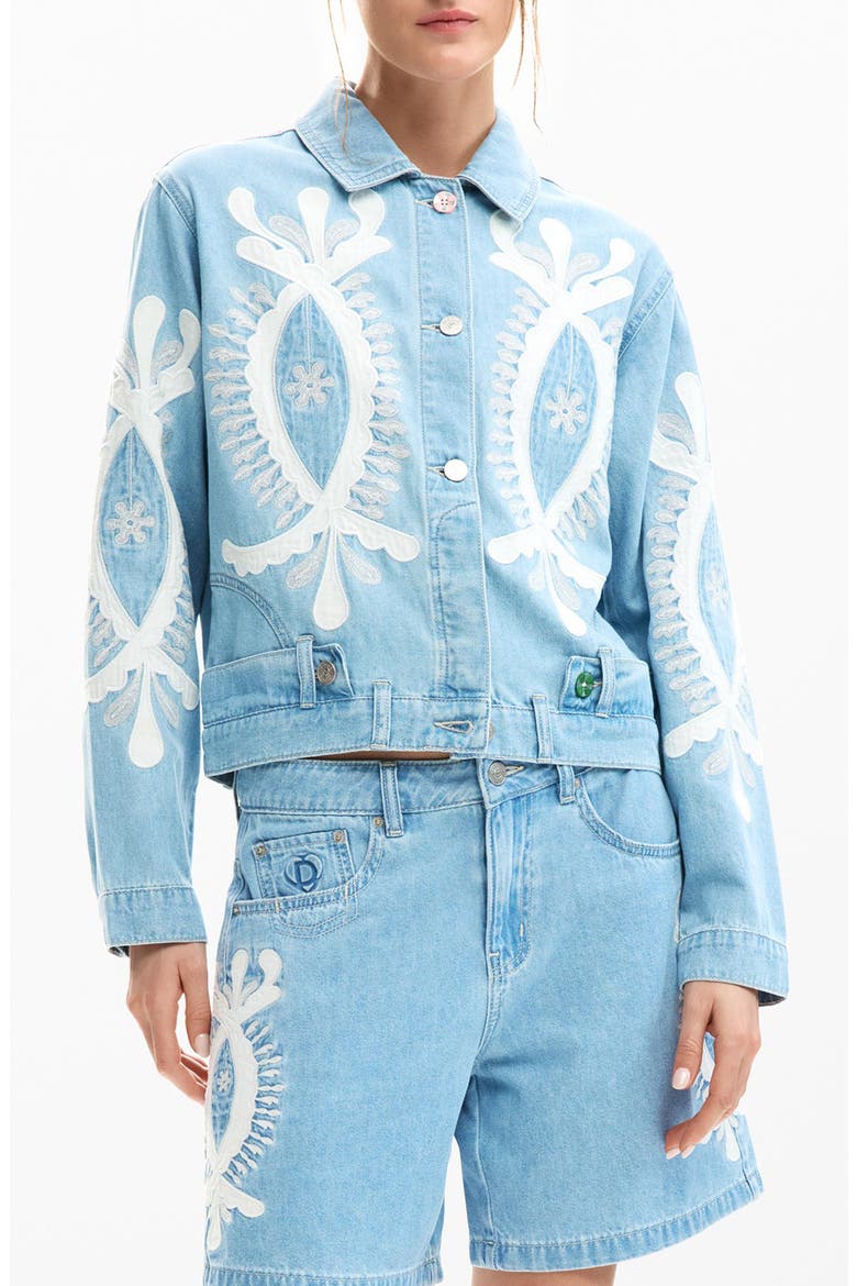 Beaded Lace Detail Denim Trucker Jacket, Main, color, MEDIUM BLUE