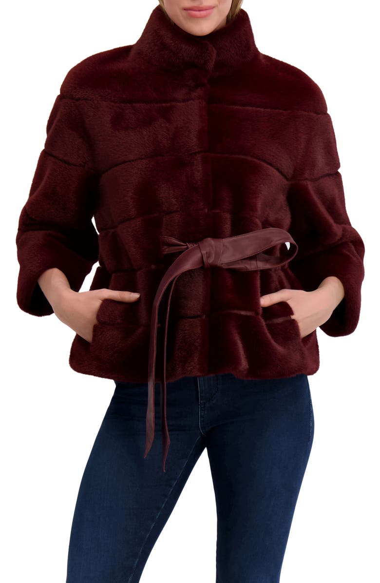 Lyla Grant Fur-Free Mink (Faux Fur) Jacket, Belt, Alternate, color, Wine