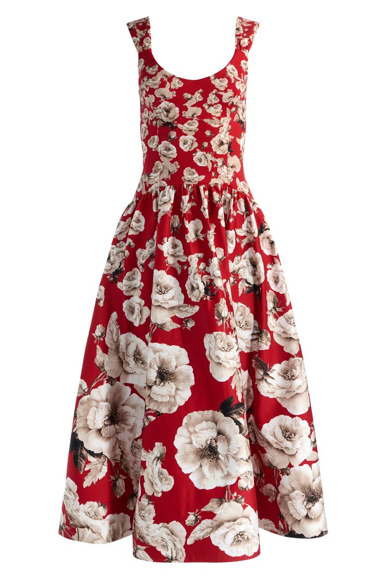 Oriana Floral Cotton Blend Midi Dress, Alternate, color, ROSE GARDEN HIBISCUS