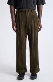 Yohji Yamamoto Hem Mackin 2-Tuck Pleated Stripe Wool Blend Pants