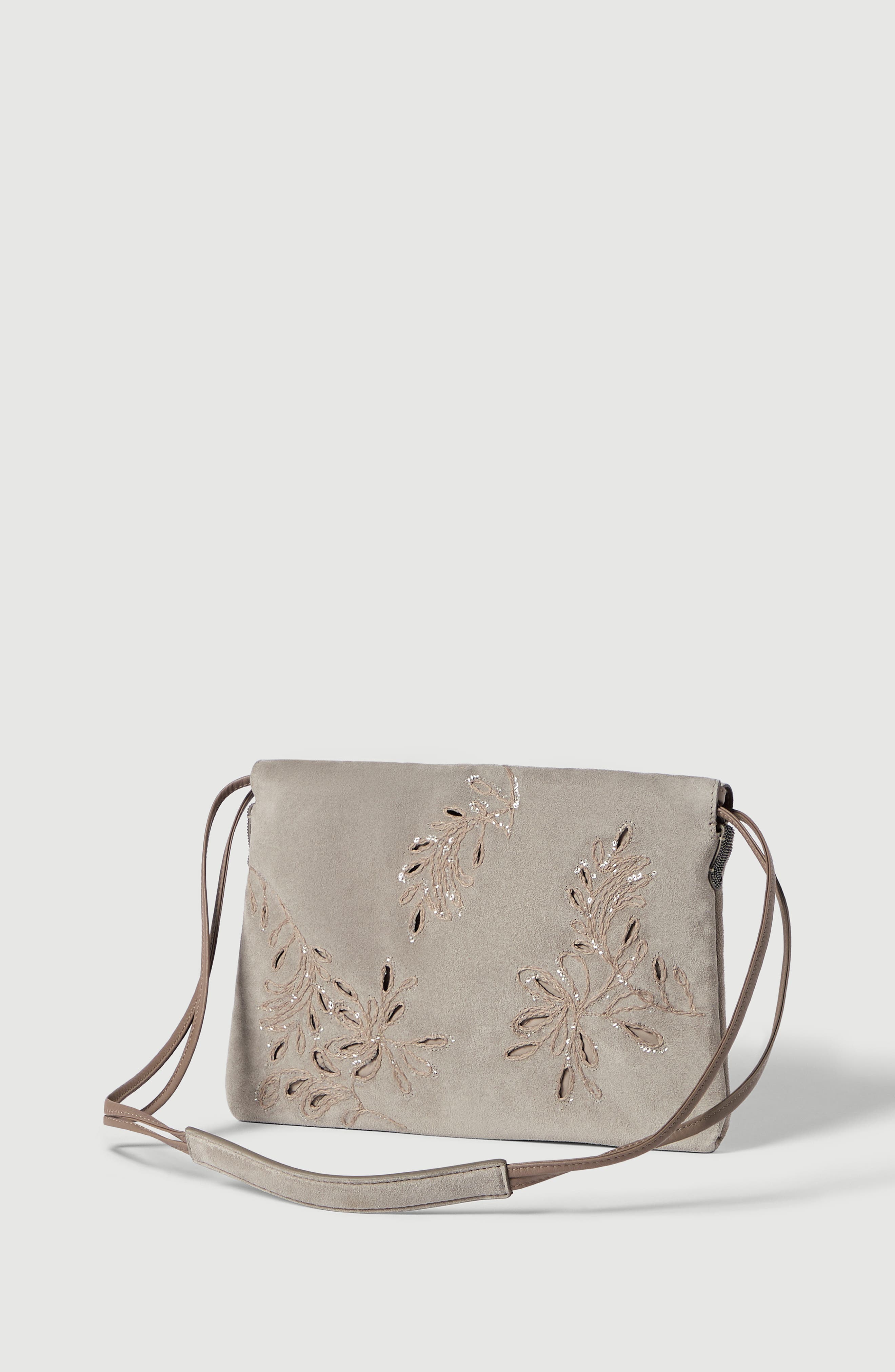 Brunello Cucinelli BC Duo pouch bag with broderie anglaise, Alternate, color, Light Grey