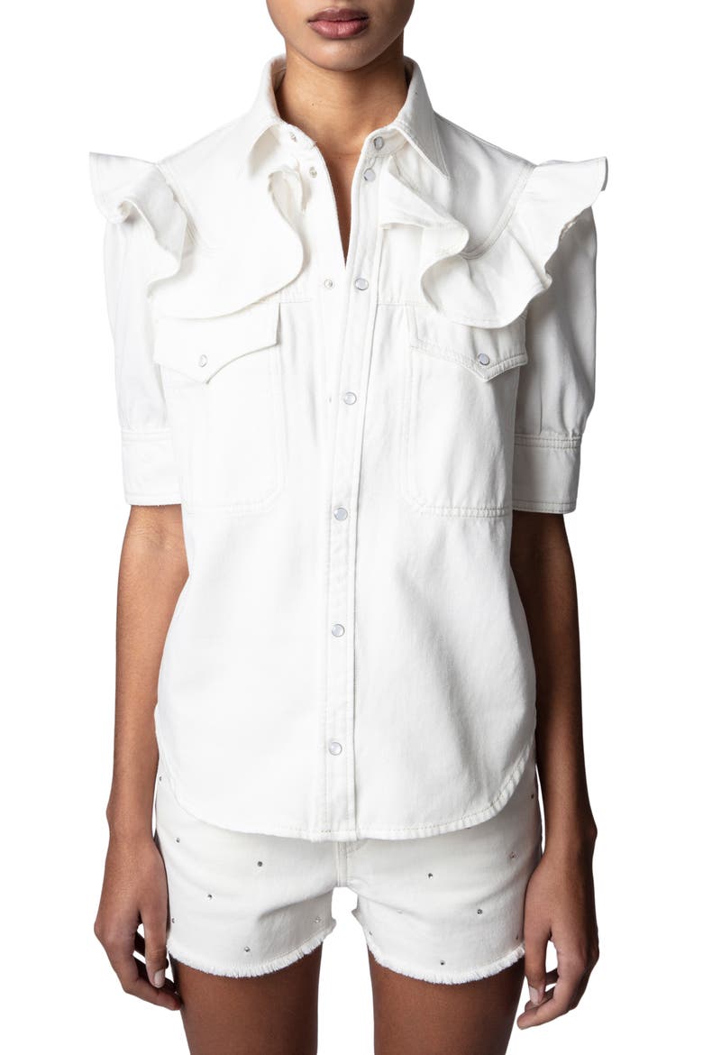 Toky Ruffle Cotton Denim Shirt, Main, color, JUDO