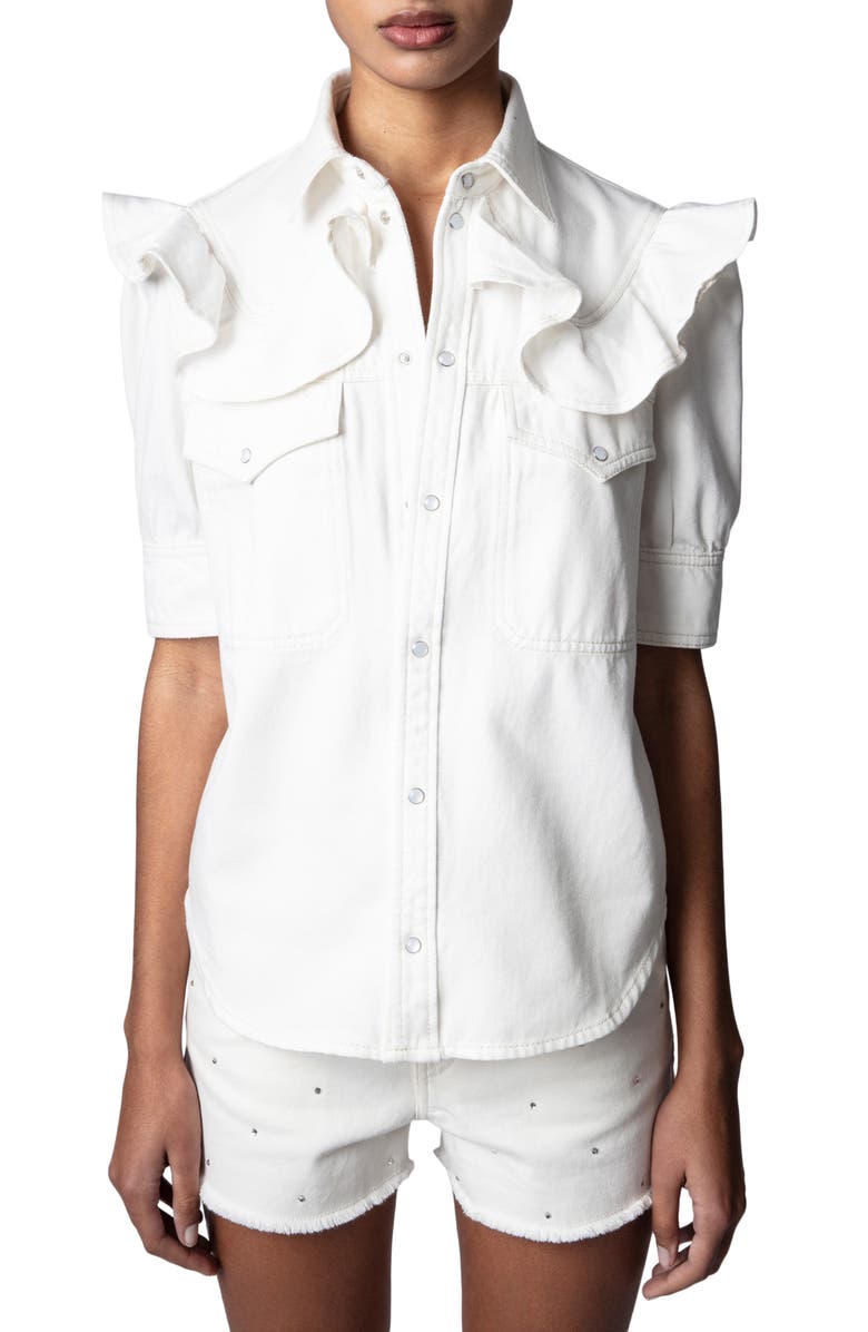 Zadig & Voltaire Toky Ruffle Cotton Denim Shirt, Main, color,