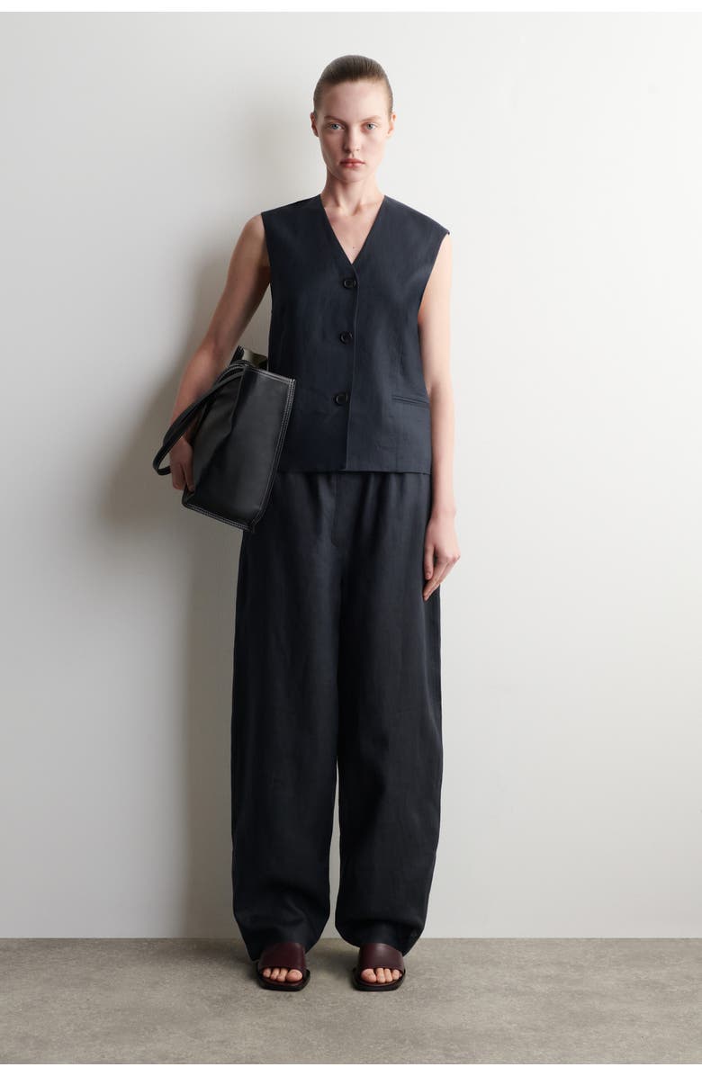 COS Elasticated Linen Barrel-Leg Pants, Main, color, Navy