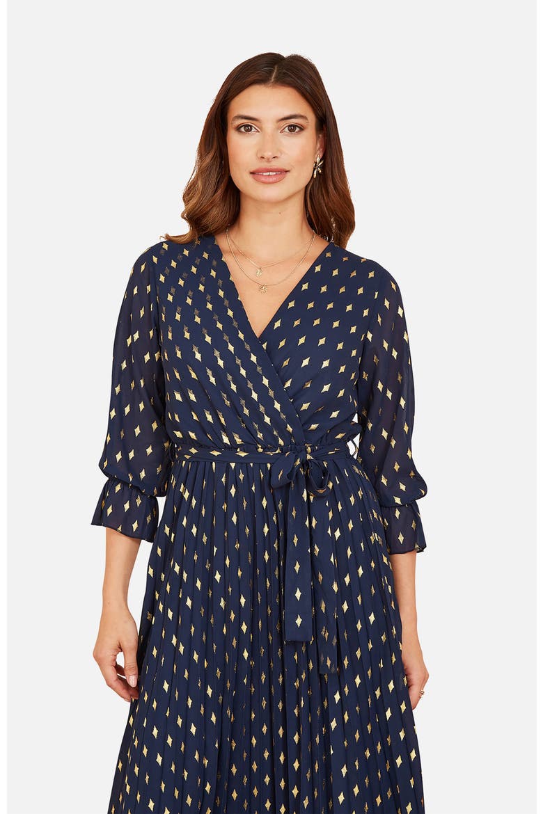 Foil Printed Pleated Wrap Midi Dress, Alternate, color, Navy