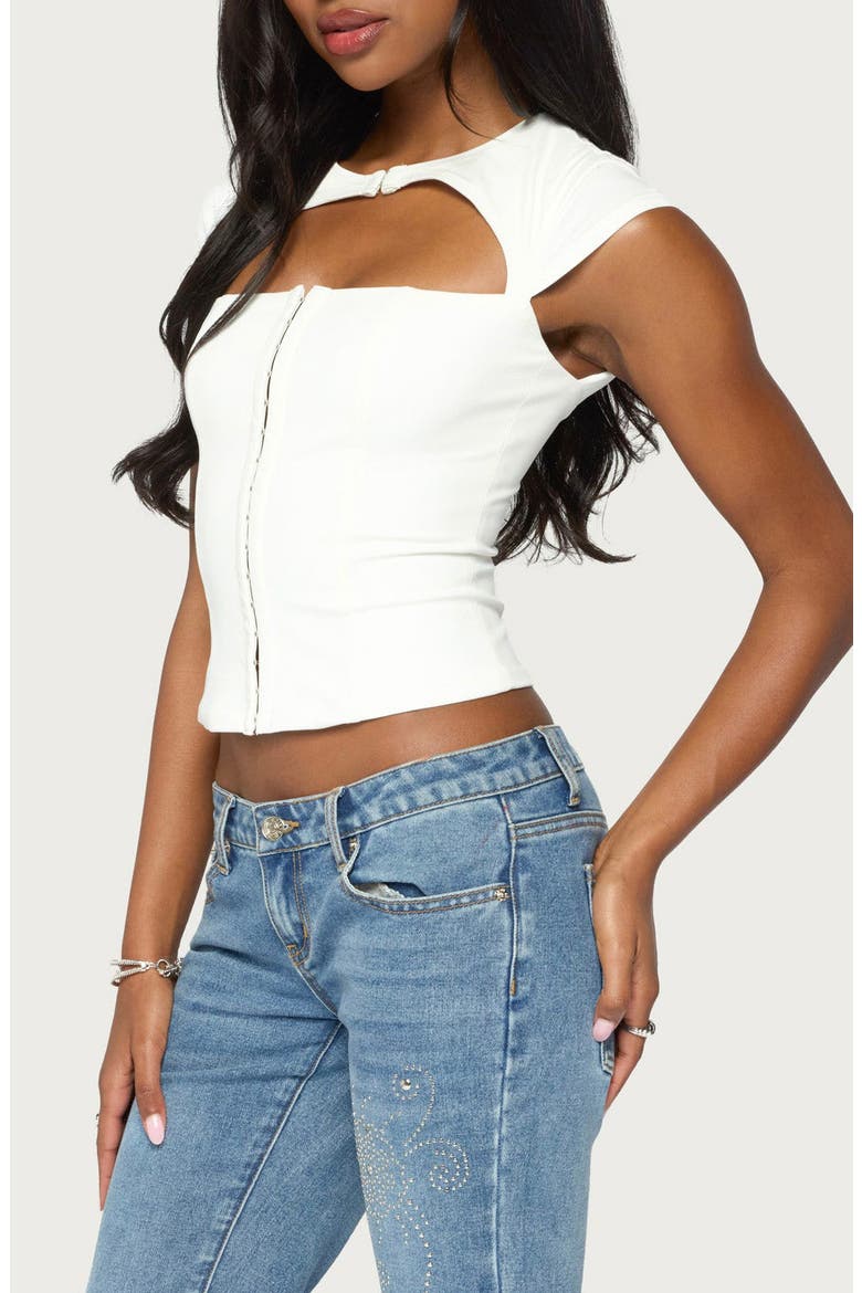 Dava Hook and Eye Cutout Corset Top, Alternate, color, WHITE