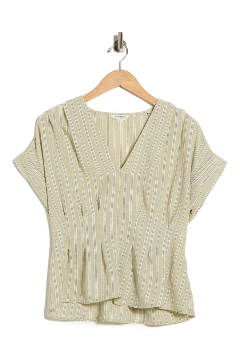 Pleated V-Neck Top, Alternate, color, SAGE STRIPE