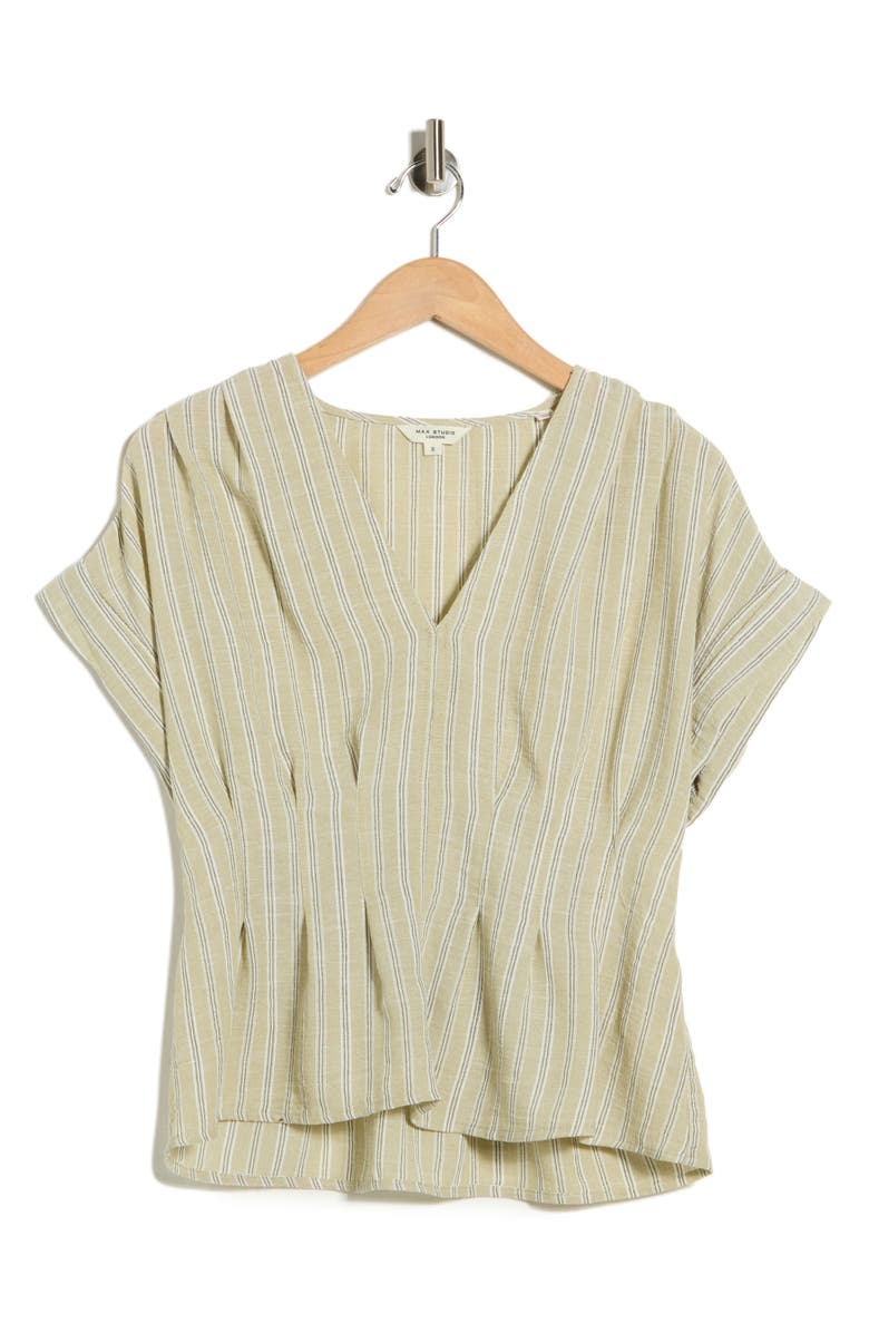 MAX STUDIO Pleated V-Neck Top, Main, color, Sage Stripe