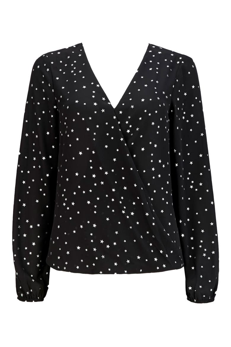 Star Print Wrap Top, Alternate, color, BLACK