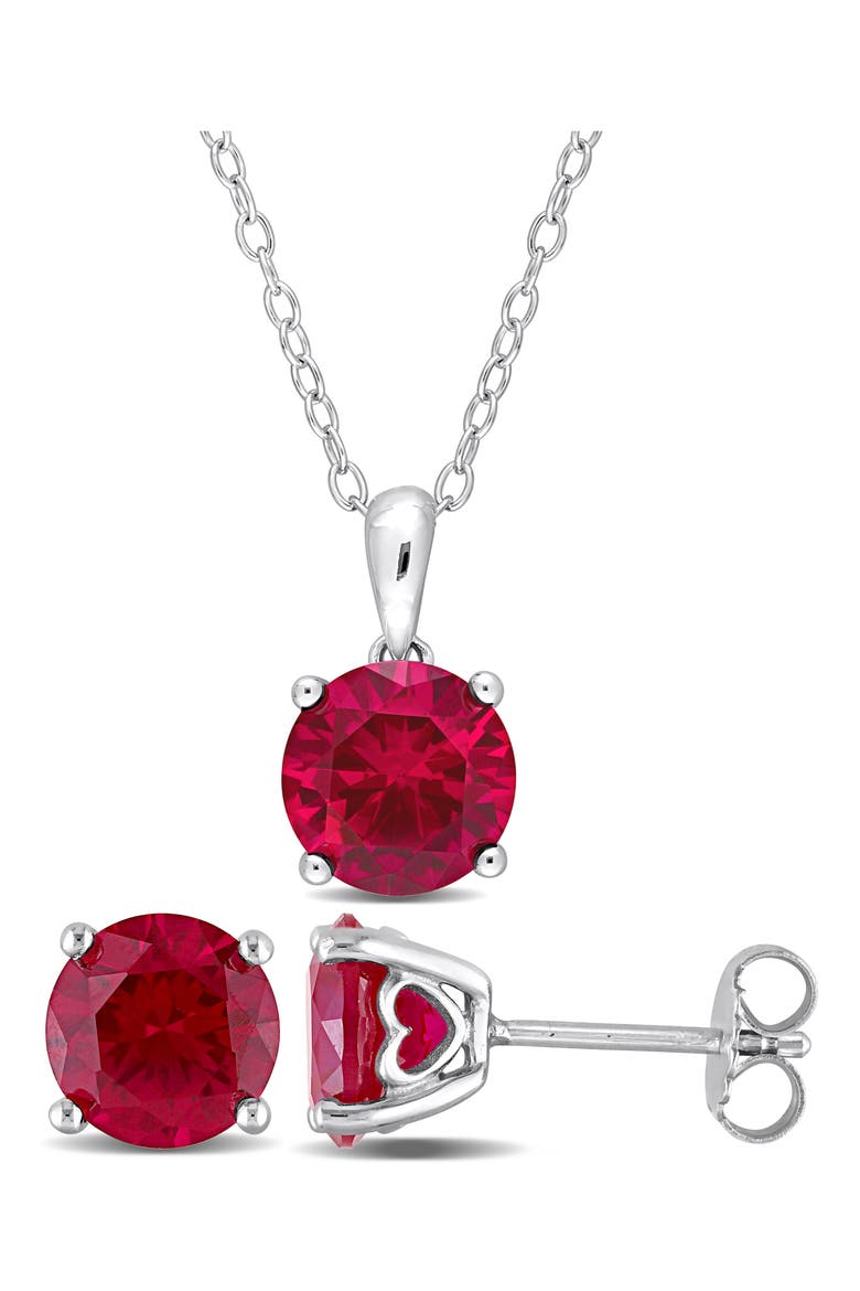 Lab Created Ruby Solitaire Pendant Necklace & Stud Earrings Set, Main, color, RED