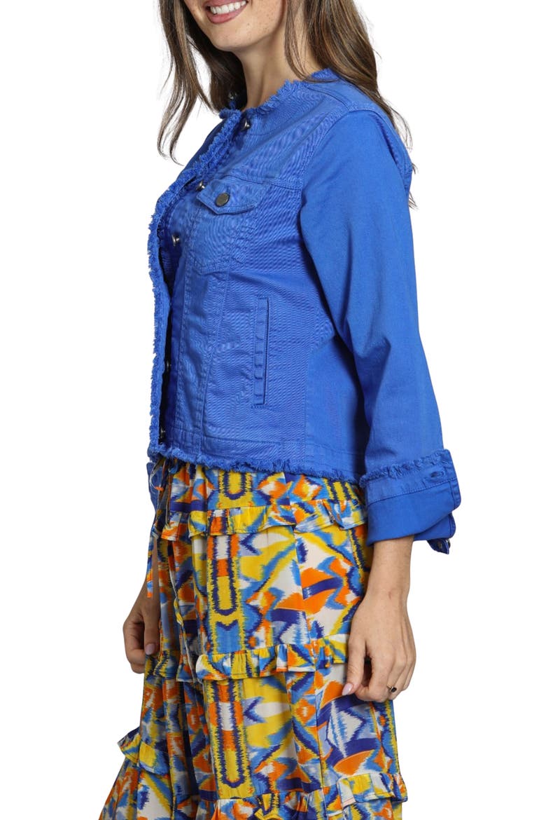 Frayed Collarless Denim Jacket, Alternate, color, DAZZLING BLUE