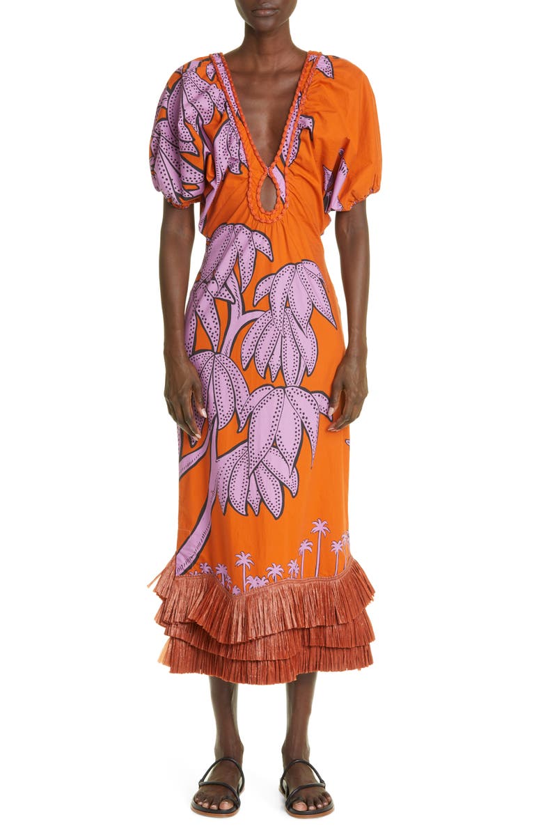 Johanna Ortiz Aventuras Coloridas Raffia Fringe Midi Dress, Main, color,