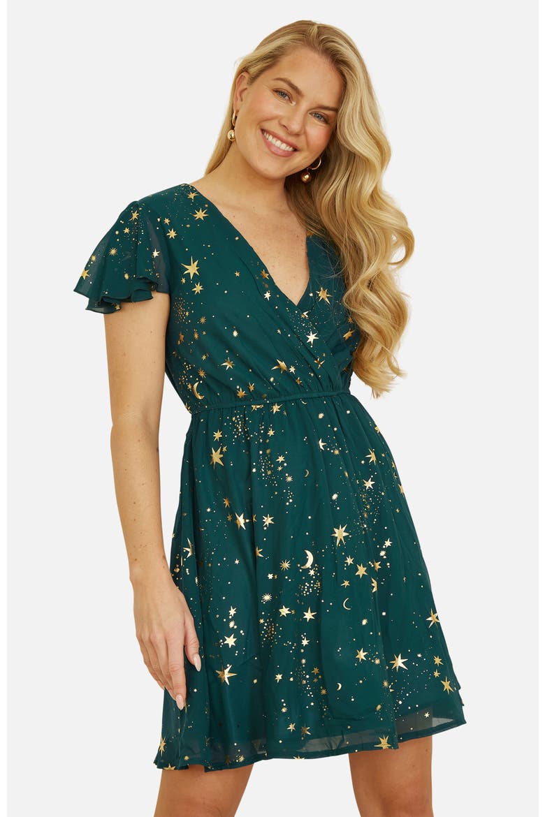 Foil Star Print Wrap Skater Dress, Alternate, color, Green