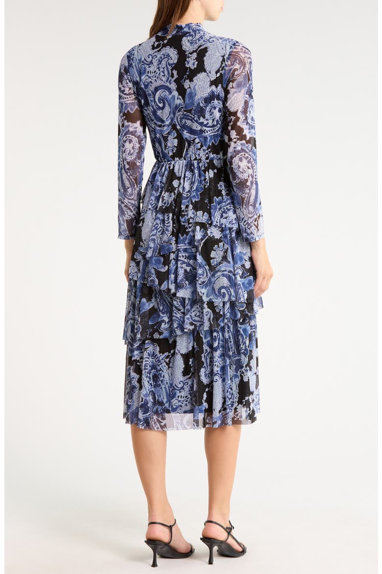 Paisley Long Sleeve Tiered Mesh Midi Dress, Alternate, color, BLK/ DEM