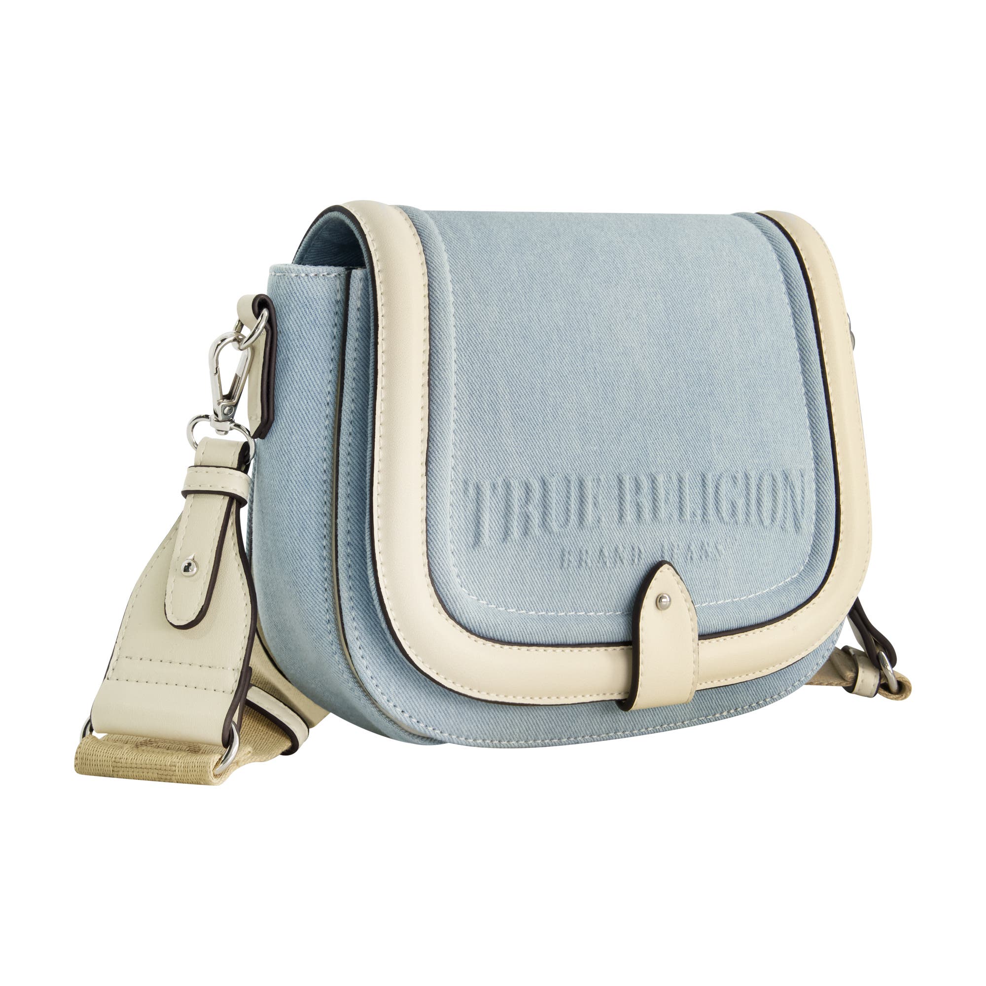 True Religion Distressed Logo Denim Saddle Bag, Alternate, color, Light Blue