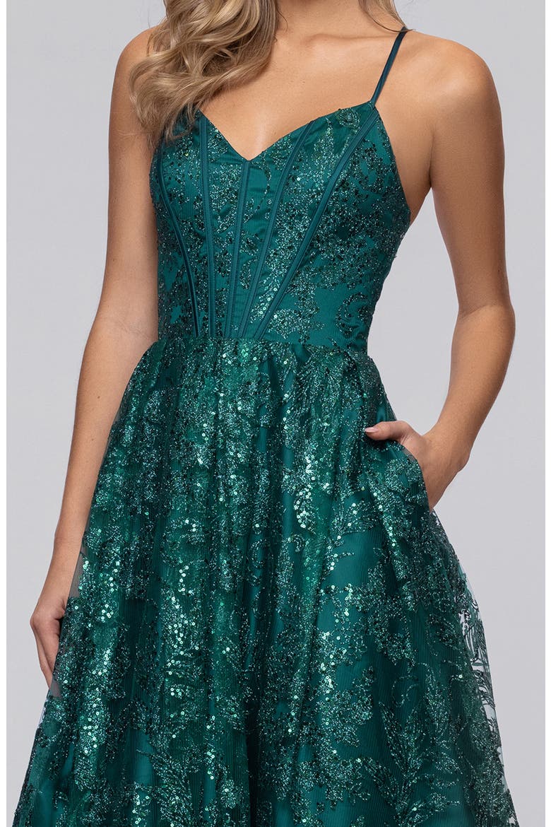 Glitter Corset Sleeveless Gown, Alternate, color, TEAL