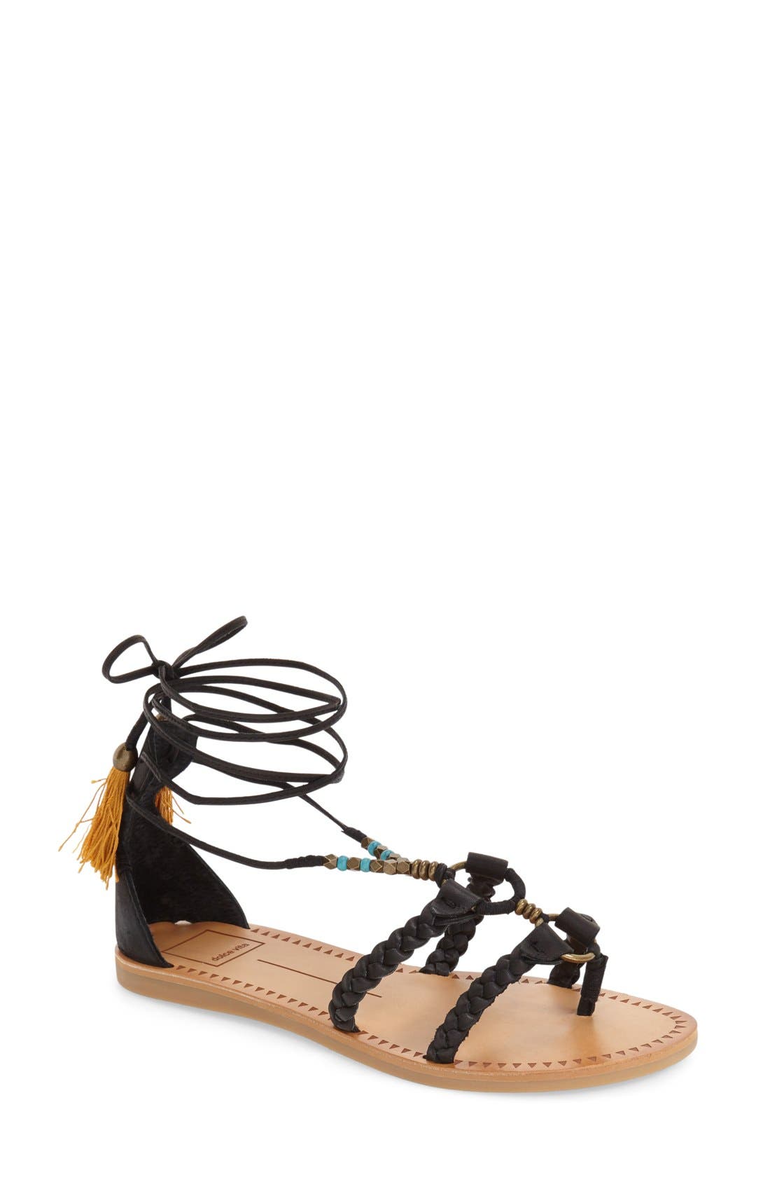 'Jinny' Tassel Sandal, Main, color, BLACK LEATHER