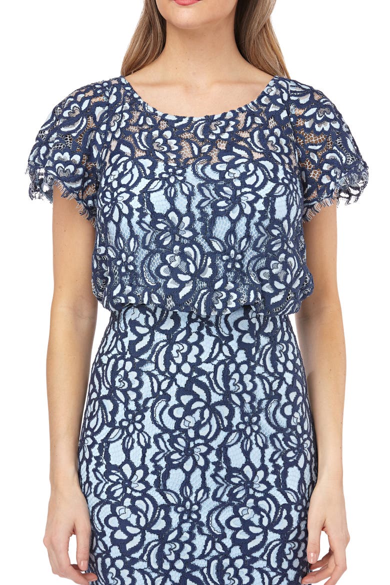 Embroidered Lace Blouson Cocktail Dress, Alternate, color, NAVY MULTI