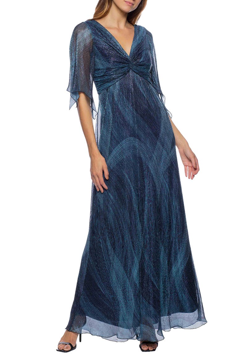 Metallic Flutter Sleeve Dress, Main, color, NAVY/ MULTI